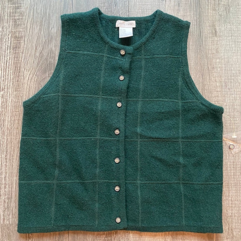 Pierre Cardin Womens Green 100% Wool Windowpane Button Front Sweater Vest